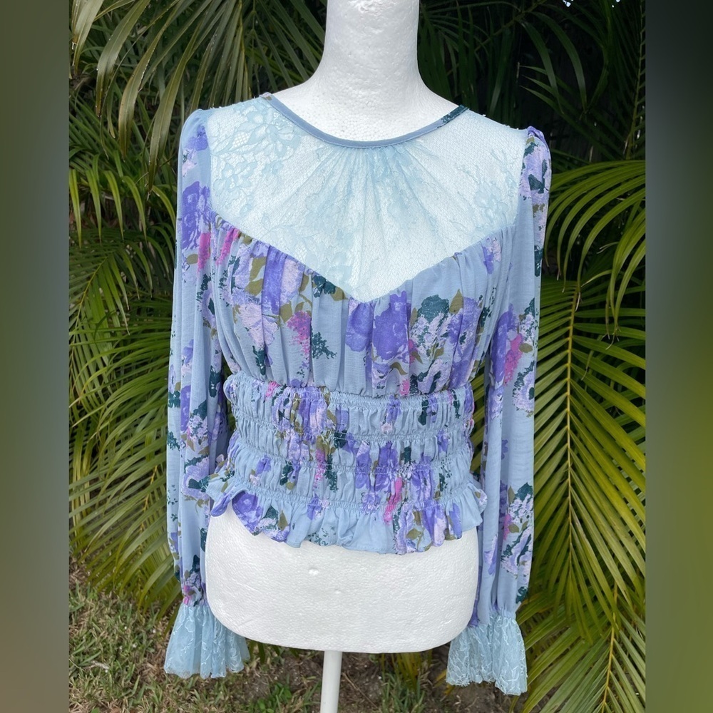 Free People Baby Blue Daphne Sheer Paneled Blouse Size Small